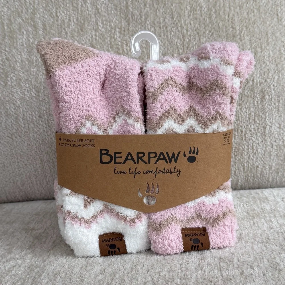 BearPaw Pink, Brown and White Zigzag Cozy Crew Socks, 4pk Sz 9-11